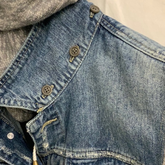 Free People Distressed Jean Jacket with Contrasting Sleeves & (Detachable) Hood - Picture 9 of 11